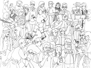 illustration of large group 
pen and ink